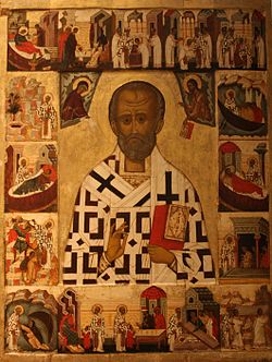 Ruska ikona iz 16. veka na kojoj je prikazan sa Sveti Nikola sa scenama iz svog života. Ikona se čuva u Nacionalnom muzeju u Stoklolmu, Švedska. / Wikipedija
