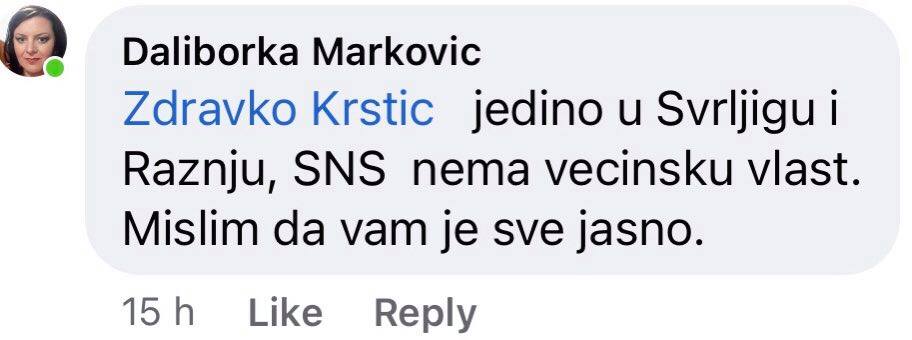 Komentar pomoćnice Daliborke Marković, foto: PrtScr