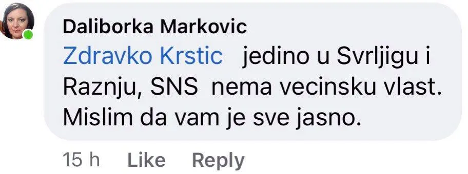 Komentar pomoćnice Daliborke Marković, foto: PrtScr