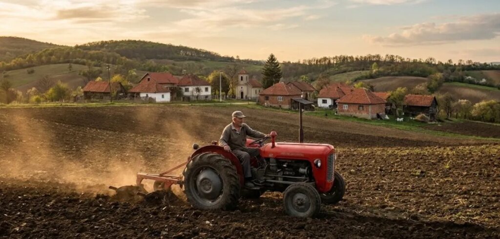Traktor na njivi, ilustracija